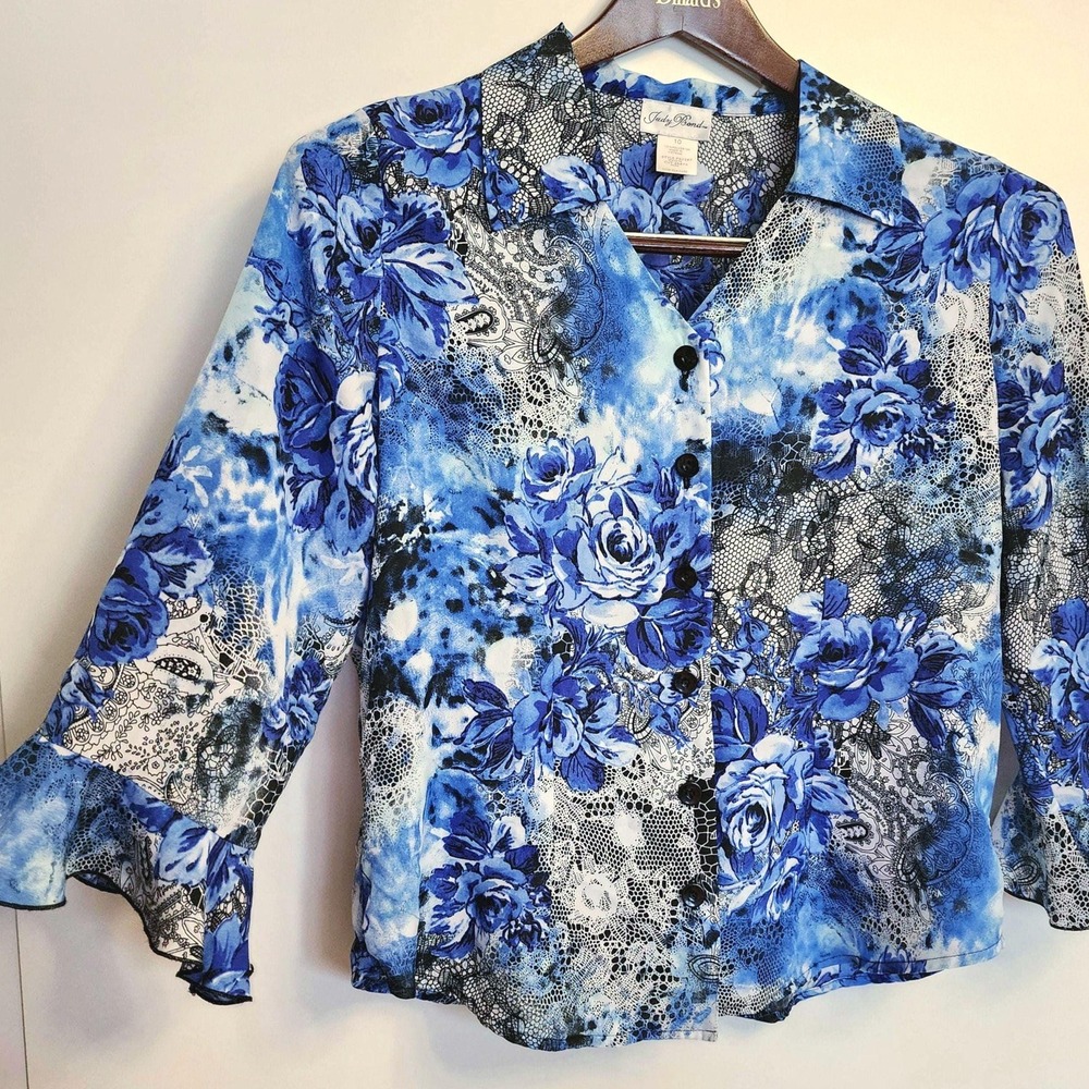 Judy Bond Blue Floral Lace Print Bell Sleeve Collared Blouse P30267 Size 10 M